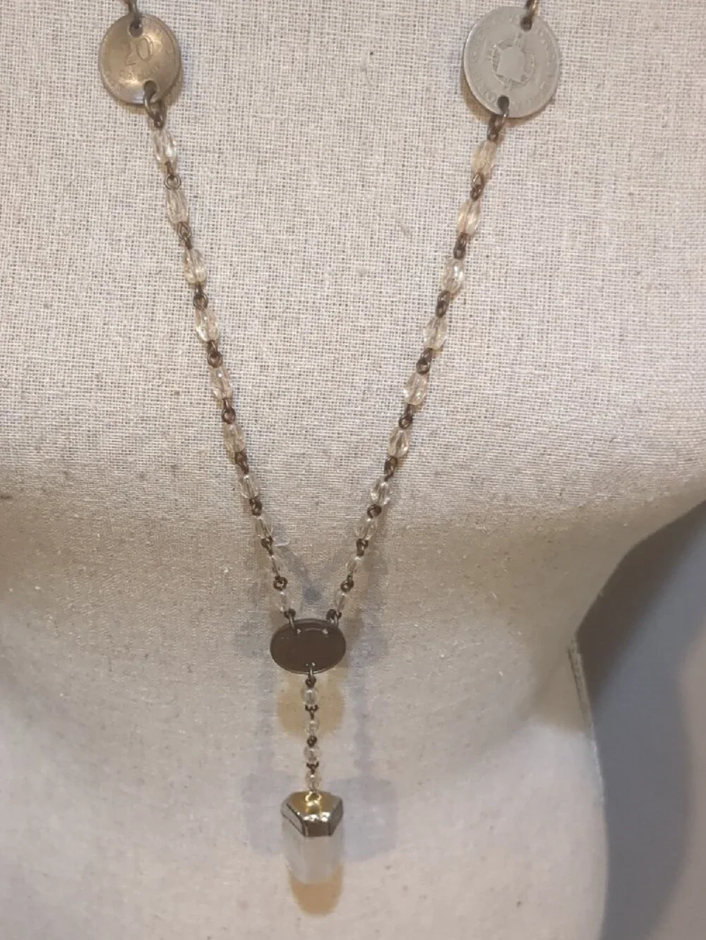 Julio Coin Long Gold-Tone Disc Pendant Necklace with White Drop